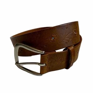 Vintage Brown Leather Belt with Floral Studded Design